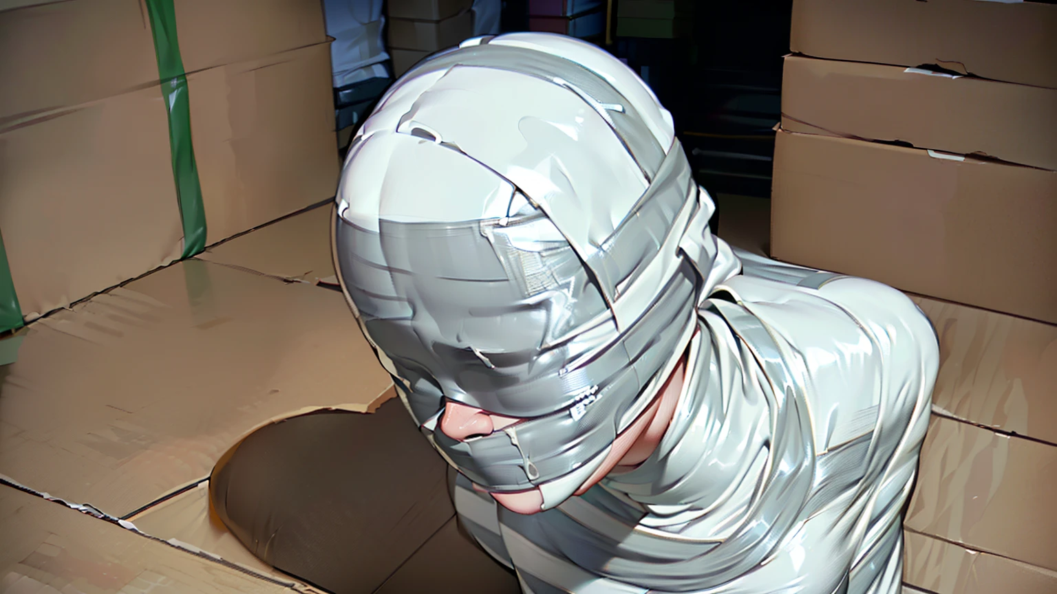 ((Imprisoned in a warehouse)), ((1 girl)), duct tape, gagged, mummification, mummified, blindfold, (Highly detailed CG Unity 8k), (highest quality)，(Very detailed)，(Ultra-high resolution), Japanese 16 year old, Black Hair, ((blindfold with white duct tape:1.3)),  ((whole (body) with white duct tape:1.3)), Hands tied behind back, BDSM, ((From head to toe, wrap them in white duct tape to make a mummification:1.3)),