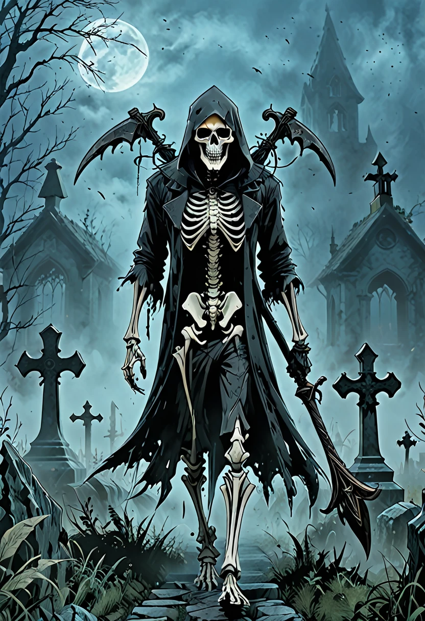 horror anime, comedy, cinematic, dramatic, full body, dynamic view, medium angle, low fog effect, HD8K quality, a skeletal reaper, very excited, floating in the middle of the cemetery carrying his scythe on his shoulder while looking at his pocket watch,