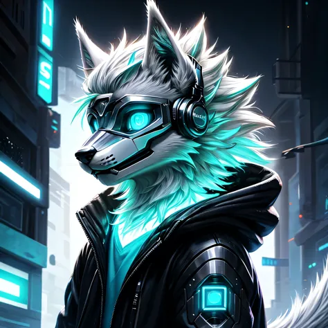 Young werewolf, white fur, wearing a black jacket with neon details, sporting a cybernetic mask, with gamer headphones, profile ...
