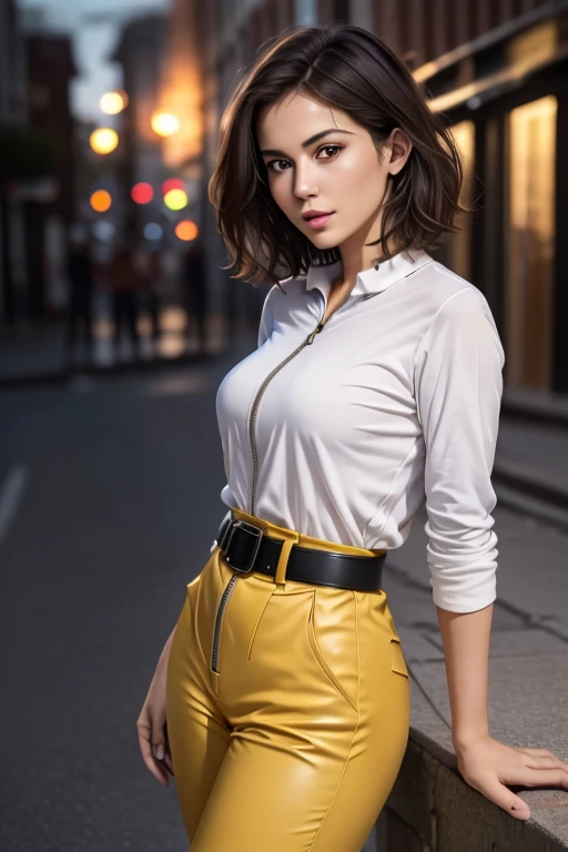 (((medium full shot))), (Masterpiece, photorealistic, photorealism, best quality, ultra-detailed:1.3), (nice hands, perfect hands), official art, cinematic light, (1girl:1.3), april o'neil, short hair, brown hair, brown hair, brown eyes, lips, yellow jumpsuit, zipper, wristwatch, white belt, white boots, holding microphone in front of chest, burning building in background, night