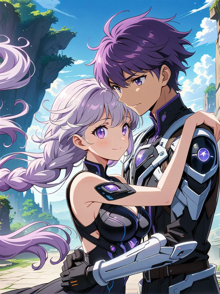 (1yj1)，Close shot, 1gir, 1boy, Embrace，Eyes look at you，Purple Hair，Purple Eyes，Long hair，Gray hair，Ponytail，(White mechanical battle armor BREAK Future technology black dress), (1 couple)，Anime character with purple cloak，Popular Different world anime，Official Anime Artwork，Official Fan Art，Official Art，Fantasy style anime，Shadow Poetry Style，detailed key anime art，Fantasy Anime Series，Different world，Headquarters Artwork，8K，future，hero，Doujin Art Artstation