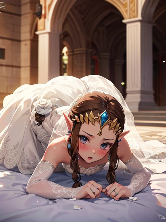 ((On all fours)),Surprised,Blushing,Princess Zelda, ((highest quality)), (Very detailed) ,(((Wedding dress))),beauty,Beautiful brown hair,princess zelda, twpr,
nintendo, the legend of zelda