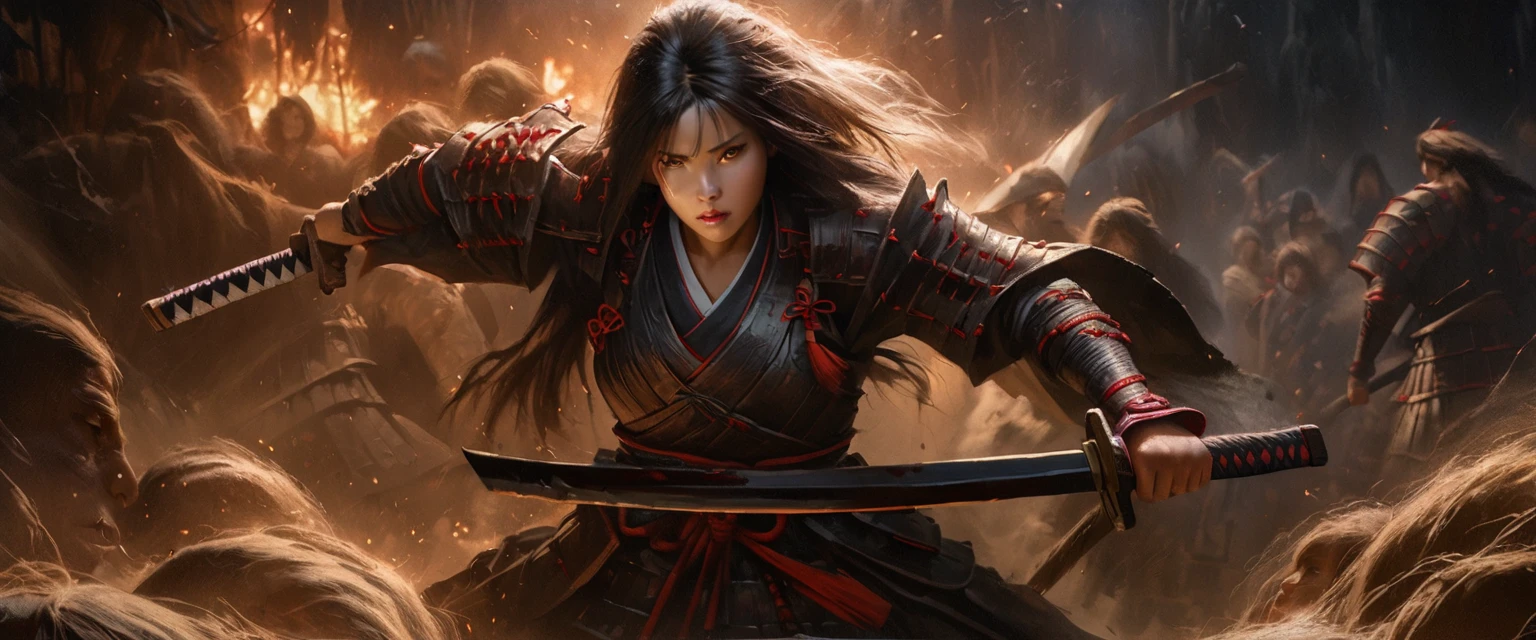 A battered dangerous Samurai, a black grim reaper approaching, a woman at the Samurai's feet, detailed eyes and face for the Samurai, detailed eyes and lips for the woman, sword raised in defiance, dark and menacing atmosphere, intense lighting, oil painting style, high-quality 4k resolution, intense emotions, dynamic pose, haunting background, realistic and photorealistic depiction, vivid colors, dramatic shadows, sharp focus, powerful composition, textured brushstrokes, atmospheric perspective, epic battle scene, mystical aura, Japanese aesthetics, traditional armor, distressed and worn-out appearance, intricate details on the Samurai's armor and weapon, ethereal presence, suspenseful ambiance, selective lighting highlighting key elements, compelling storytelling, cinematic style, contrasting light and dark tones, tension and danger in the air, visual storytelling, sinister and ominous presence, cinematic framing, emotional intensity. (best quality, 4k, highres, masterpiece:1.2), ultra-detailed, realistic (photo-realistic:1.37) samurai, grim reaper, woman, eyes, face, lips, sword, dangerous, defiance, grim, intense, oil painting, atmosphere, lighting, powerful, composition, brushstrokes, dramatic, shadows, epic battle, 