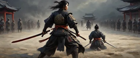 a battered dangerous samurai, a black grim reaper approaching, a woman at the samurai's feet, detailed eyes and face for the sam...