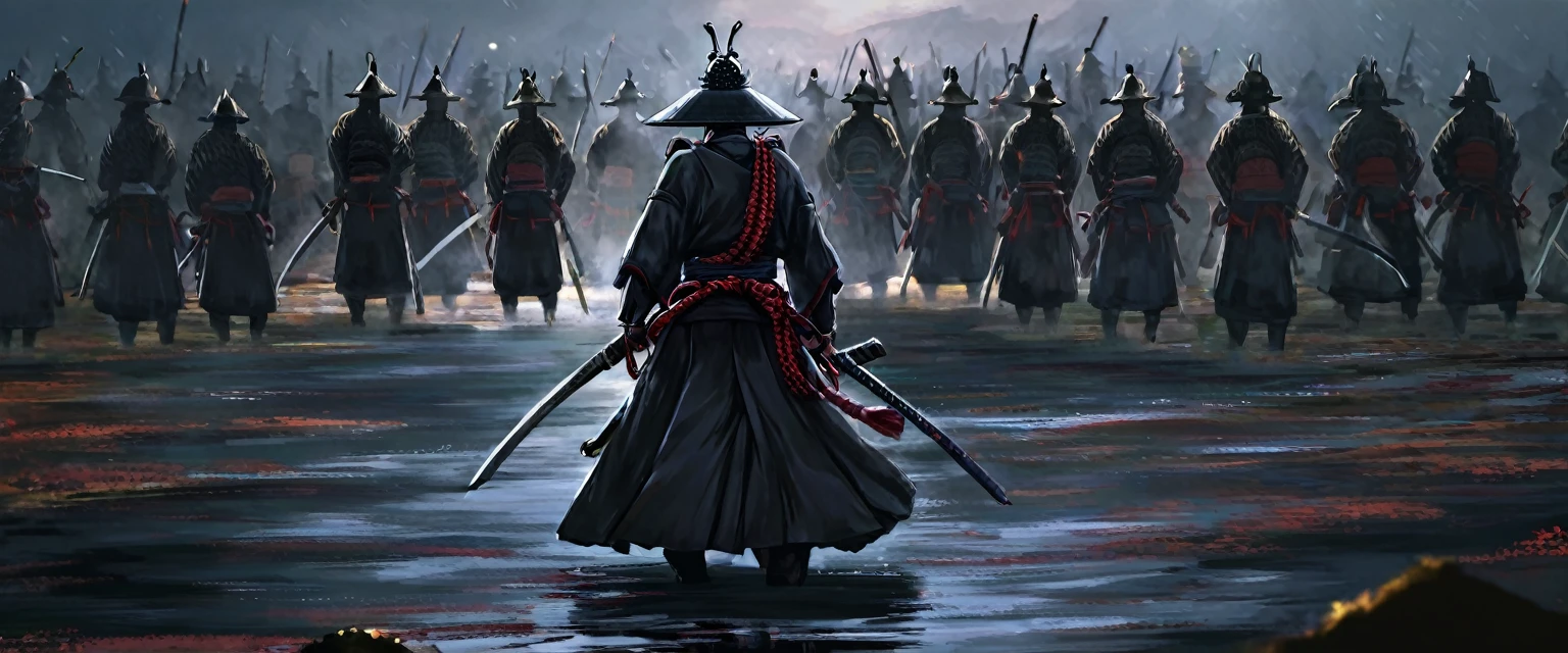 A battered dangerous Samurai, a black grim reaper approaching, a woman at the Samurai's feet, detailed eyes and face for the Samurai, detailed eyes and lips for the woman, sword raised in defiance, dark and menacing atmosphere, intense lighting, oil painting style, high-quality 4k resolution, intense emotions, dynamic pose, haunting background, realistic and photorealistic depiction, vivid colors, dramatic shadows, sharp focus, powerful composition, textured brushstrokes, atmospheric perspective, epic battle scene, mystical aura, Japanese aesthetics, traditional armor, distressed and worn-out appearance, intricate details on the Samurai's armor and weapon, ethereal presence, suspenseful ambiance, selective lighting highlighting key elements, compelling storytelling, cinematic style, contrasting light and dark tones, tension and danger in the air, visual storytelling, sinister and ominous presence, cinematic framing, emotional intensity. (best quality, 4k, highres, masterpiece:1.2), ultra-detailed, realistic (photo-realistic:1.37) samurai, grim reaper, woman, eyes, face, lips, sword, dangerous, defiance, grim, intense, oil painting, atmosphere, lighting, powerful, composition, brushstrokes, dramatic, shadows, epic battle, 