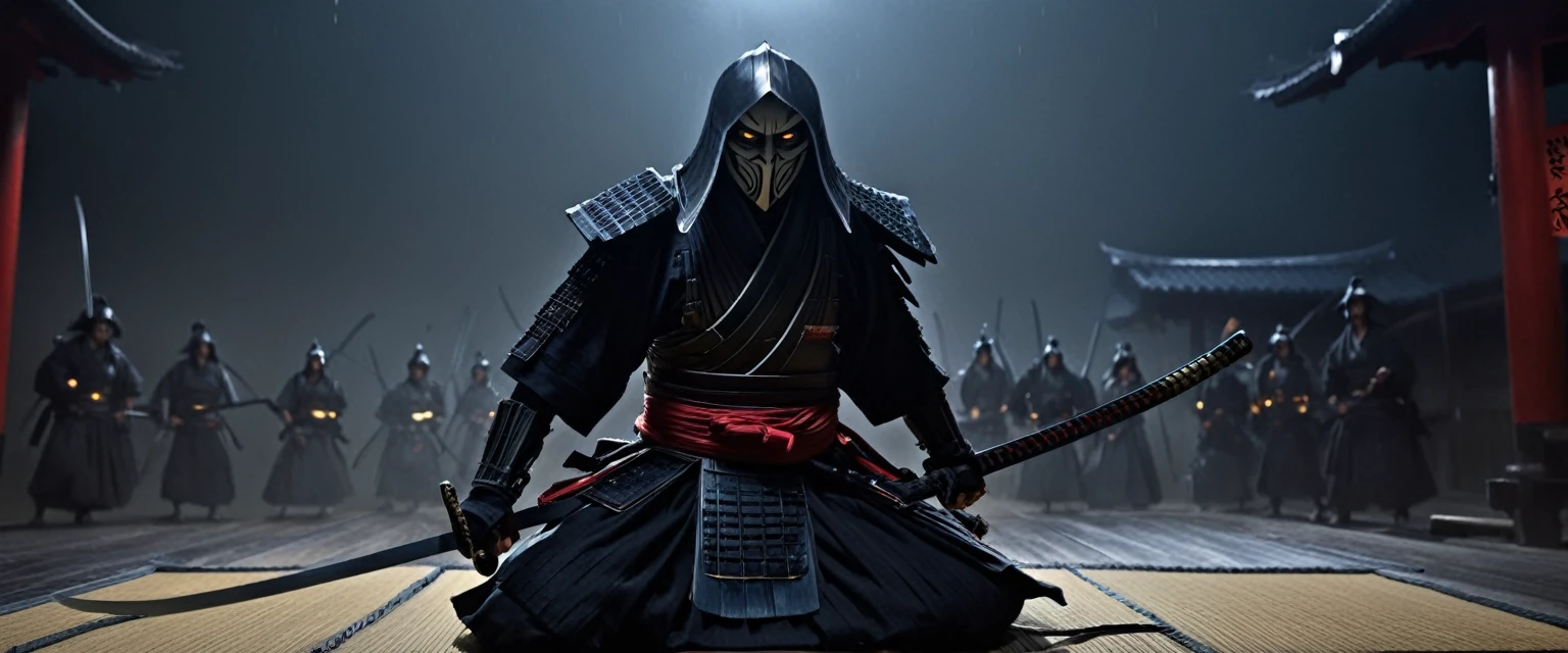 A battered dangerous Samurai, a black grim reaper approaching, a woman at the Samurai's feet, detailed eyes and face for the Samurai, detailed eyes and lips for the woman, sword raised in defiance, dark and menacing atmosphere, intense lighting, oil painting style, high-quality 4k resolution, intense emotions, dynamic pose, haunting background, realistic and photorealistic depiction, vivid colors, dramatic shadows, sharp focus, powerful composition, textured brushstrokes, atmospheric perspective, epic battle scene, mystical aura, Japanese aesthetics, traditional armor, distressed and worn-out appearance, intricate details on the Samurai's armor and weapon, ethereal presence, suspenseful ambiance, selective lighting highlighting key elements, compelling storytelling, cinematic style, contrasting light and dark tones, tension and danger in the air, visual storytelling, sinister and ominous presence, cinematic framing, emotional intensity. (best quality, 4k, highres, masterpiece:1.2), ultra-detailed, realistic (photo-realistic:1.37) samurai, grim reaper, woman, eyes, face, lips, sword, dangerous, defiance, grim, intense, oil painting, atmosphere, lighting, powerful, composition, brushstrokes, dramatic, shadows, epic battle, 