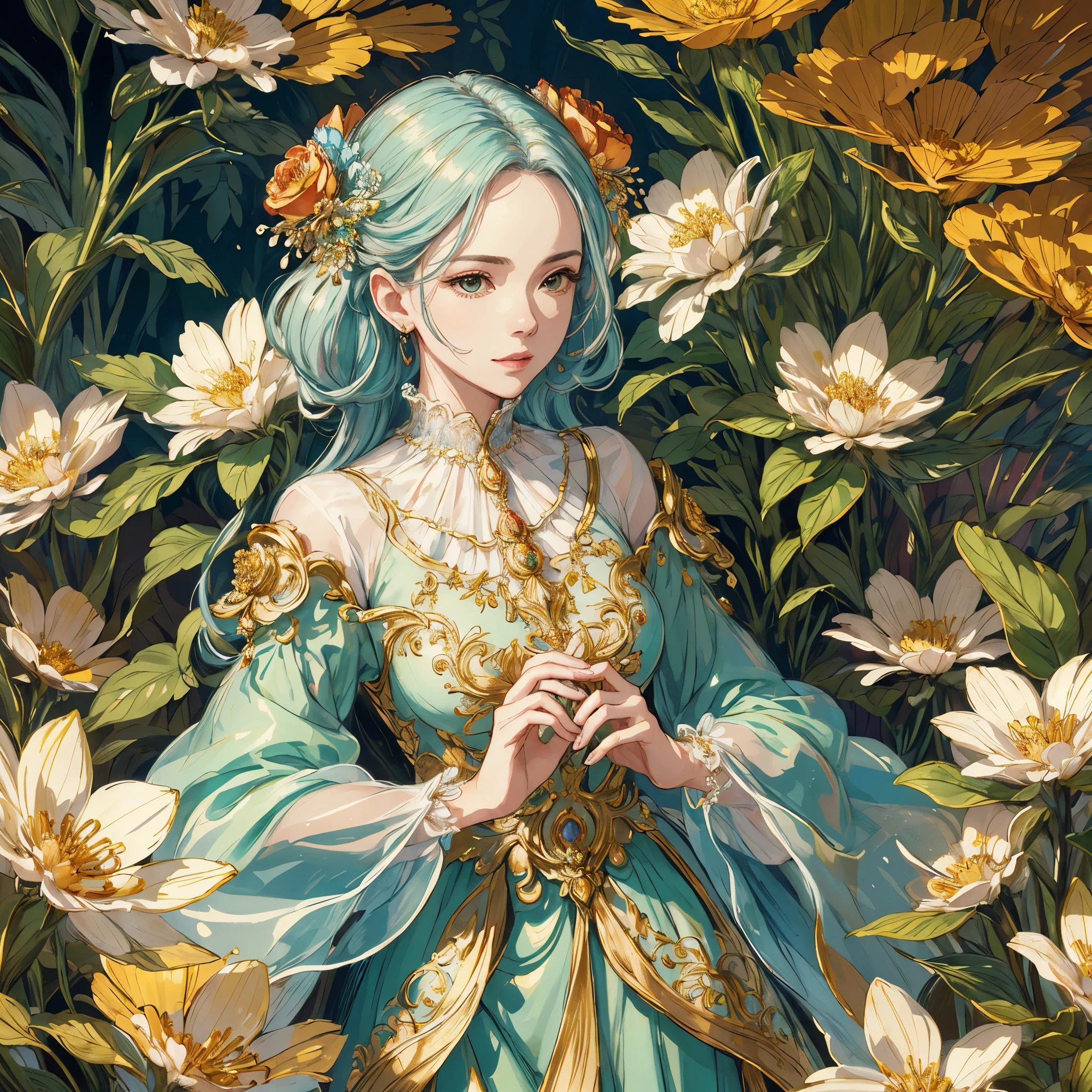 (best quality,highres,ultra-detailed:1.2),1girl,alone,mature,baroque style,long dress,long sleeves,elegant,vibrant colors,detailed face and upper body,elaborate hairstyle,ornate accessories,soft lighting,lush garden in the background,flowers in bloom,serene atmosphere