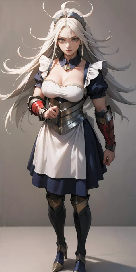 Female, standing, straight, long_hair, messy_hair, white_hair, maid with armor, metal high heels
