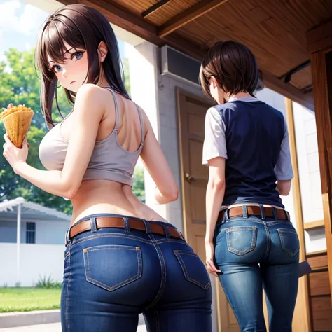 A woman in full-zip shorts eats a tlayuda at a taco stand　Jeans have a belt　　　With side slits　Big Ass　　Upper body naked