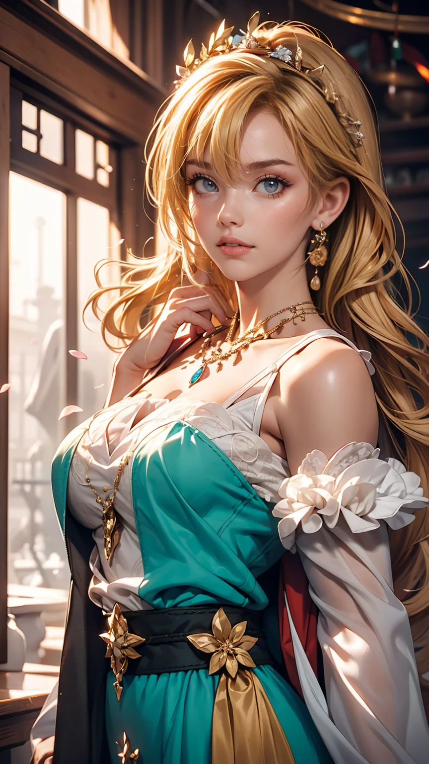 (Dynamic Angle:1.3),Extreme close up,the wind is strong,映画ofハイライト,1人of女of子,Upper Body,dancing,View Viewer, violet_Evergarden, alone, jewelry, blank eye,brooch, blonde_hair,( vevry long hair:1.2),floating hairlong_sleeve, ribbon, green_eye, Jacket, dress, gem, hair_ribbon,null, depth_of_Field, a close view of flying petal,