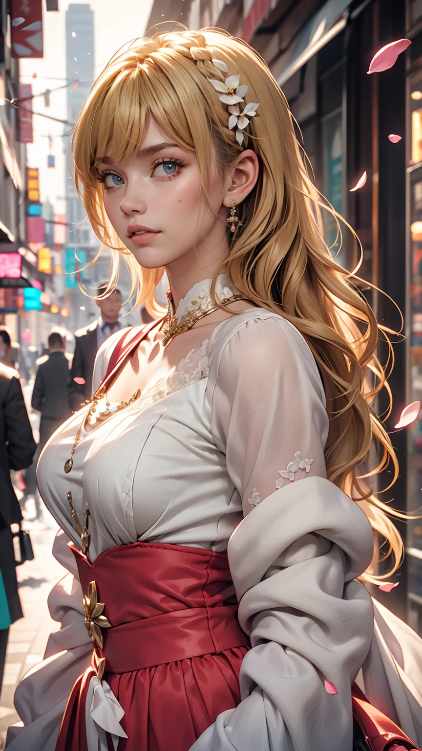 (Dynamic Angle:1.3),Extreme close up,the wind is strong,映画ofハイライト,1人of女of子,Upper Body,dancing,View Viewer, violet_Evergarden, alone, jewelry, blank eye,brooch, blonde_hair,( vevry long hair:1.2),floating hairlong_sleeve, ribbon, green_eye, Jacket, dress, gem, hair_ribbon,null, depth_of_Field, a close view of flying petal,