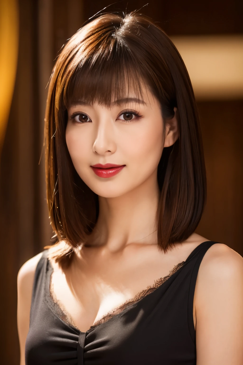 Fashion Model, Beautiful Japanese women, eye make up, Red lipstick, Perfect Makeup, Brown Hair, Close-up of face, elegant hair, Cleavage, (from the front), (Looking at the camera), highest quality, 8K resolution, masterpiece, Professional photography, 30 year old beauty, Elegant and stylish black top