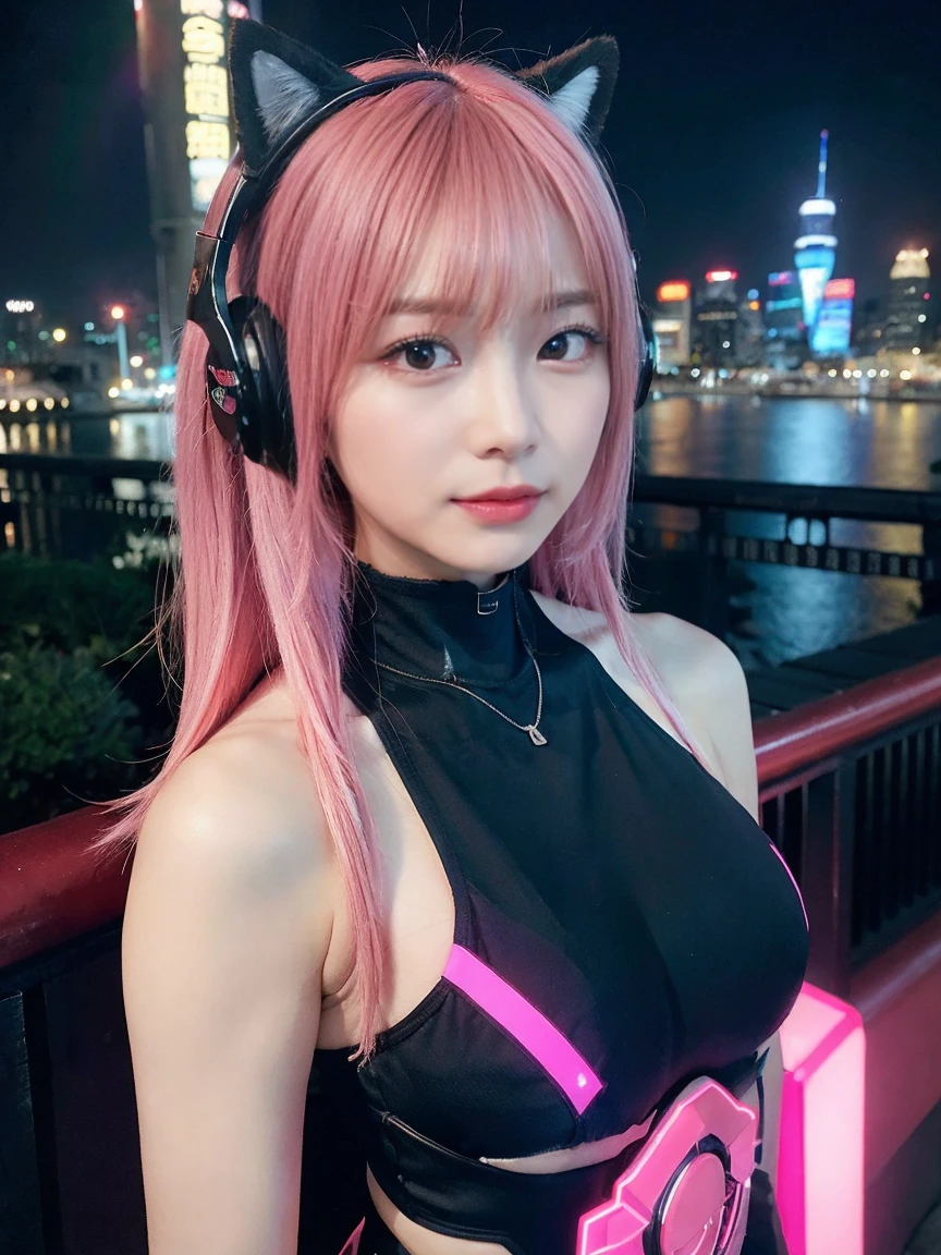 最high quality, masterpiece, 32k、Very detailed、Realistic、1 girl, Japanese women、Cute Face, (photo Actual:1.3),Bob Hair(red pink hair color、Pink Hairstyles)、Edge lighting, (Skin with attention to detail:1.2), 8k超High resolution, Single-lens reflex camera, high quality, High resolution, 4K, 8k, Optimal ratio of four fingers to one thumb, (Actual:1.3), cute 1 girl, Realistic、Super Realistic、32k、Very detailed、masterpiece, 最high quality, beautiful girl, beauty、Mecha, Beautiful lighting, (Neon Light:1.2), (night:1.5), leotard、High Grade、Cyberpunk Costume、Large Breasts(Big 、With a valley)Cat ear headphones、Are standing、Cyber Neon、Future City、Skyscraper、City night、Shanghai、Big cities、night scene、Beautiful night scene