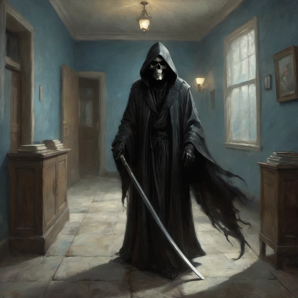 (best quality,4k,8k,highres,masterpiece:1.2),ultra-detailed,(realistic,photorealistic,photo-realistic:1.37),a black grim reaper,with detailed and flowing black robes,cloaked in shadows,walks unnoticed through a busy hospital. The grim reaper is extremely tall with a skeletal frame, holding a long and sleek scythe. The reaper's face is hidden beneath a black hood, but there is a sense of darkness and mystery emanating from its presence. The hospital is bustling with activity, nurses and doctors hurrying around attending to patients. The setting is dimly lit with flickering fluorescent lights, casting eerie shadows on the walls. The air feels heavy with a sense of anticipation and fear. The grim reaper moves silently through the hallways, invisible to the living, but there is an unspoken understanding that its purpose is to guide souls to the afterlife. The scene is tinged with blue hues, giving it a somber and chilling atmosphere. The only sound that can be heard is the faint whisper of the reaper's robes, and the occasional beep from medical devices. This artwork is a fusion of horror and realism, capturing the essence of life and death in a hauntingly beautiful way.