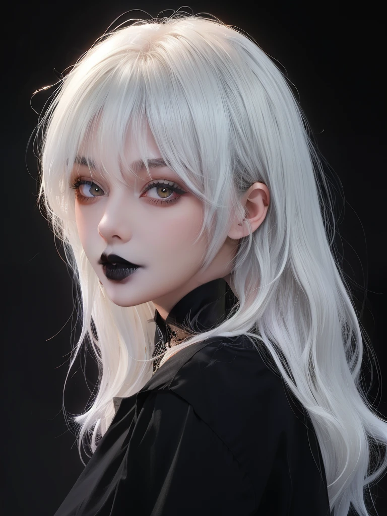 masterpiece, adult, indoors, woman with black and white ombre hair, long hair, looking at viewer, messy hair, bedhead, bedhair, dark lighting, goth, black lipstick, shirt, white hair