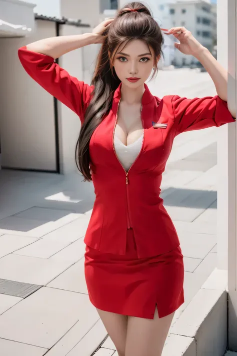 airasia red jacket uniform、long hair down to the legs、dark brown hair、hair tied up、tie your hair back in a ponytail、ponytail、red...