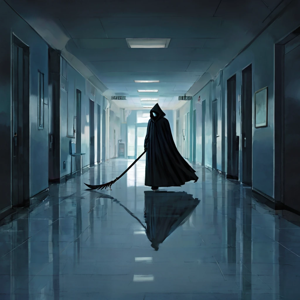 (best quality,4k,8k,highres,masterpiece:1.2),ultra-detailed,(realistic,photorealistic,photo-realistic:1.37),a black grim reaper,with detailed and flowing black robes,cloaked in shadows,walks unnoticed through a busy hospital. The grim reaper is extremely tall with a skeletal frame, holding a long and sleek scythe. The reaper's face is hidden beneath a black hood, but there is a sense of darkness and mystery emanating from its presence. The hospital is bustling with activity, nurses and doctors hurrying around attending to patients. The setting is dimly lit with flickering fluorescent lights, casting eerie shadows on the walls. The air feels heavy with a sense of anticipation and fear. The grim reaper moves silently through the hallways, invisible to the living, but there is an unspoken understanding that its purpose is to guide souls to the afterlife. The scene is tinged with blue hues, giving it a somber and chilling atmosphere. The only sound that can be heard is the faint whisper of the reaper's robes, and the occasional beep from medical devices. This artwork is a fusion of horror and realism, capturing the essence of life and death in a hauntingly beautiful way.