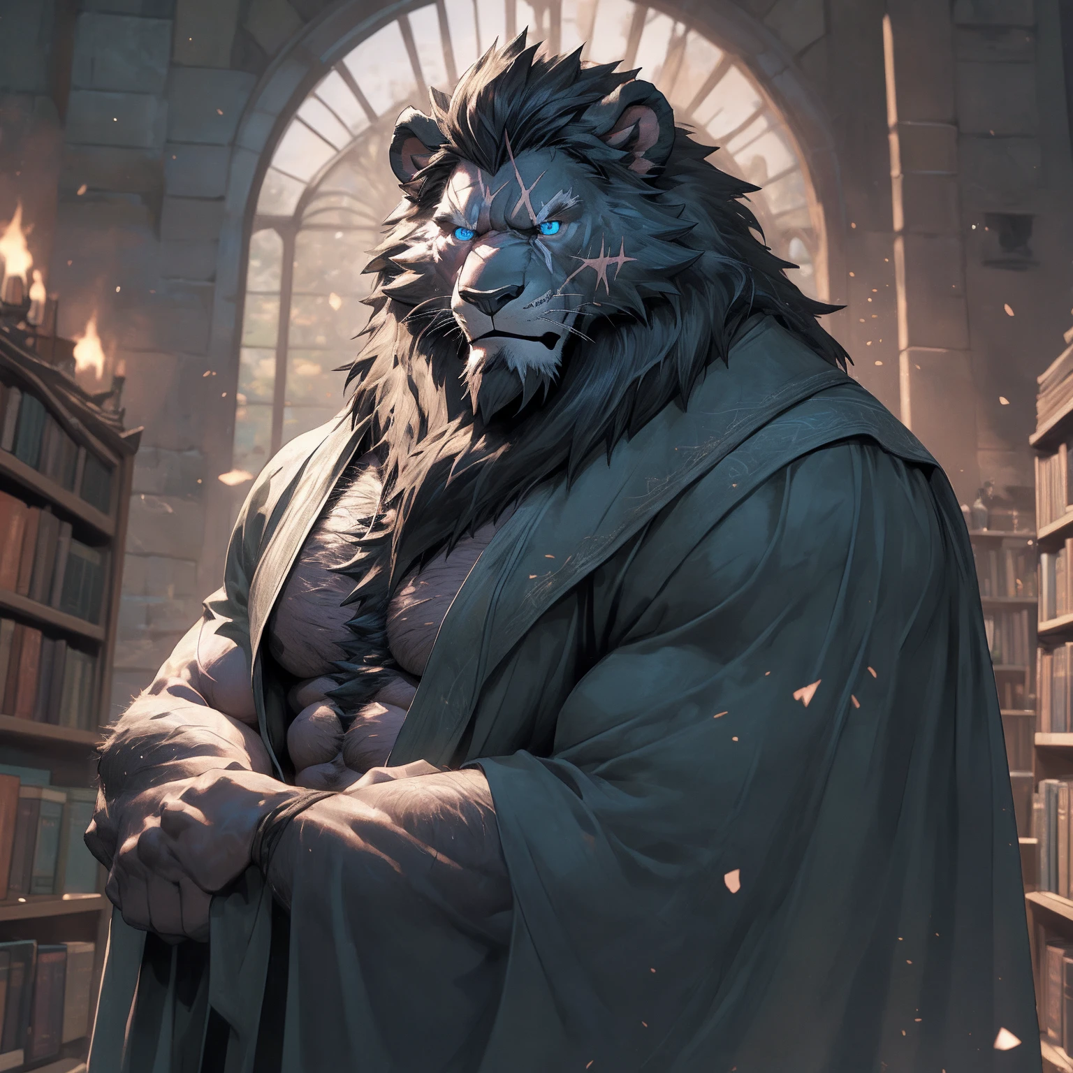 Sweaty, muscular, shirtless background of a spectacular magic library Harry Potter teacher wizard hairy anthropomorphic chest hair serious face（Scar on face） Mature （Blue eyes）Huge muscular ripped abs wild，Black Lion of Tribal Ambition