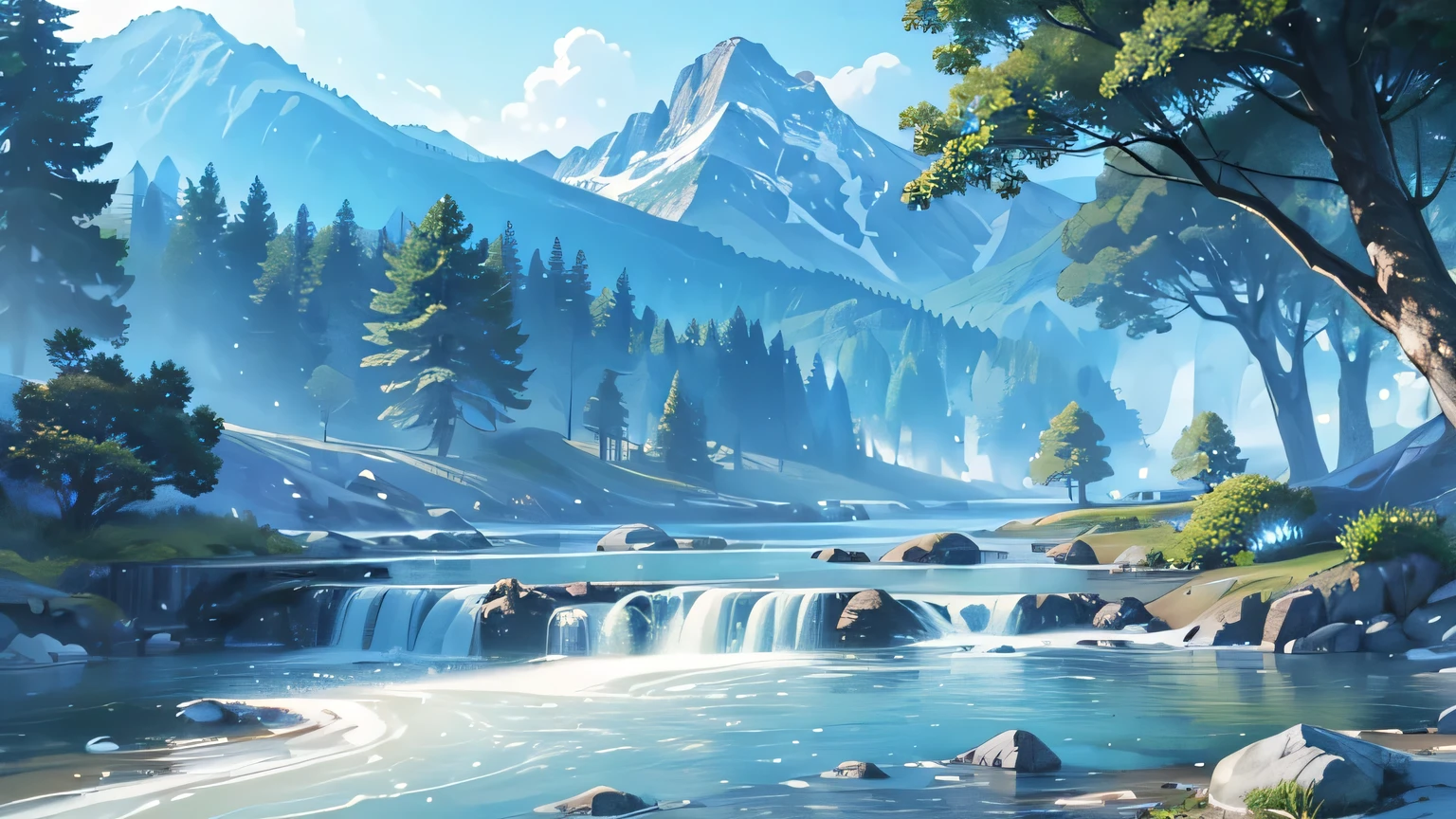 (best quality, realistic:1.37), calm and natural landscape, trees, plants, rivers, mountains, blue and radiant sky, peaceful scenery, serene atmosphere