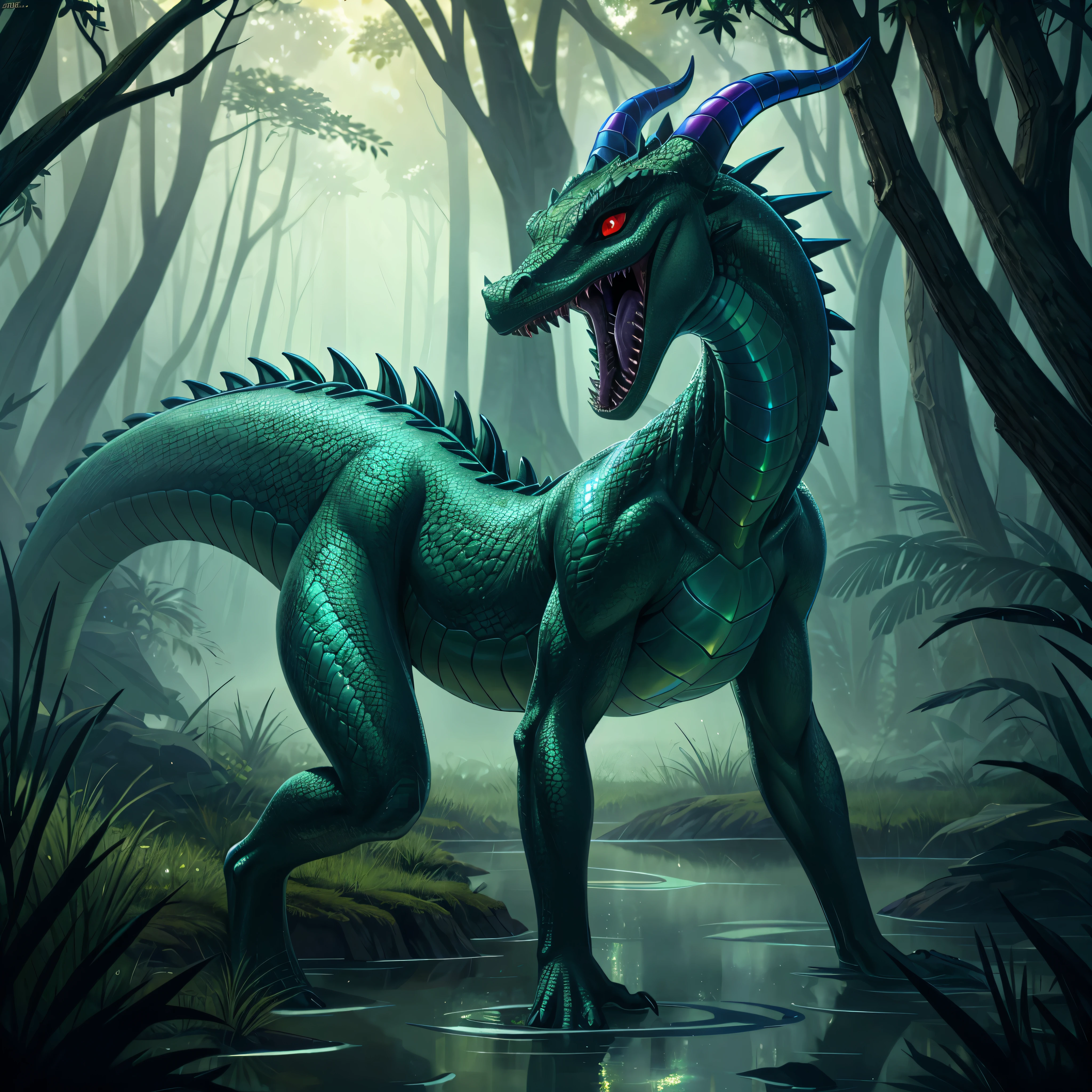 A sexy feral Female reptilian with her mouth open, sleek build, four clawed legs, iridescent scales, slim  slender Komodo dragon like body, dark greens and blues, crocodile-like head, sharp teeth, luminous red eyes, long thin horns, three-tendril tail with barbed spikes, dense misty swamp background.