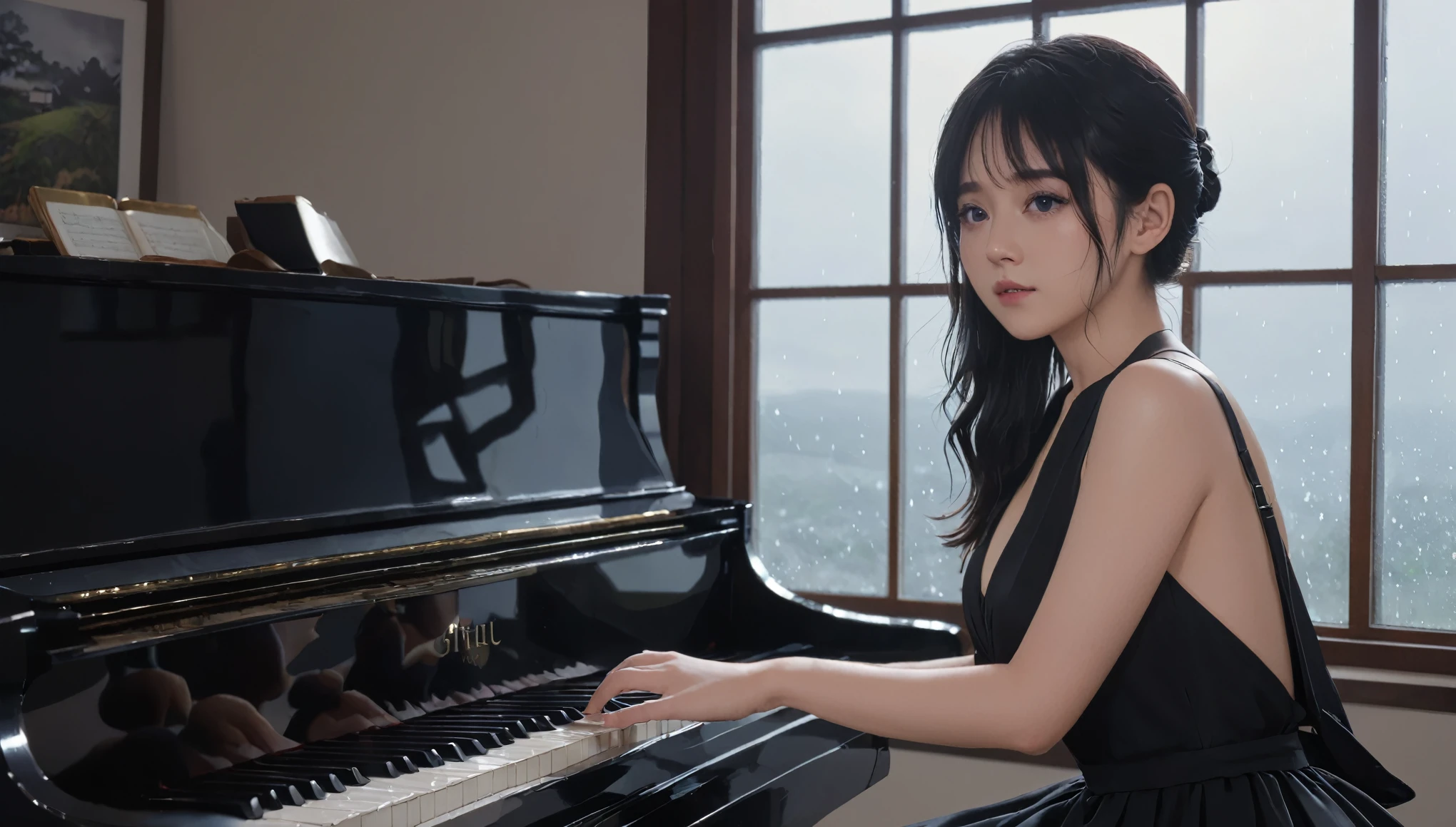 Playing the piano、24-year-old female、I can see the rainy scenery at night from the window、High definition、４K quality、Big Breasts、Wearing an all-black dress、 The whole body is shown alone、Ghibli-style illustrations,Low exposure