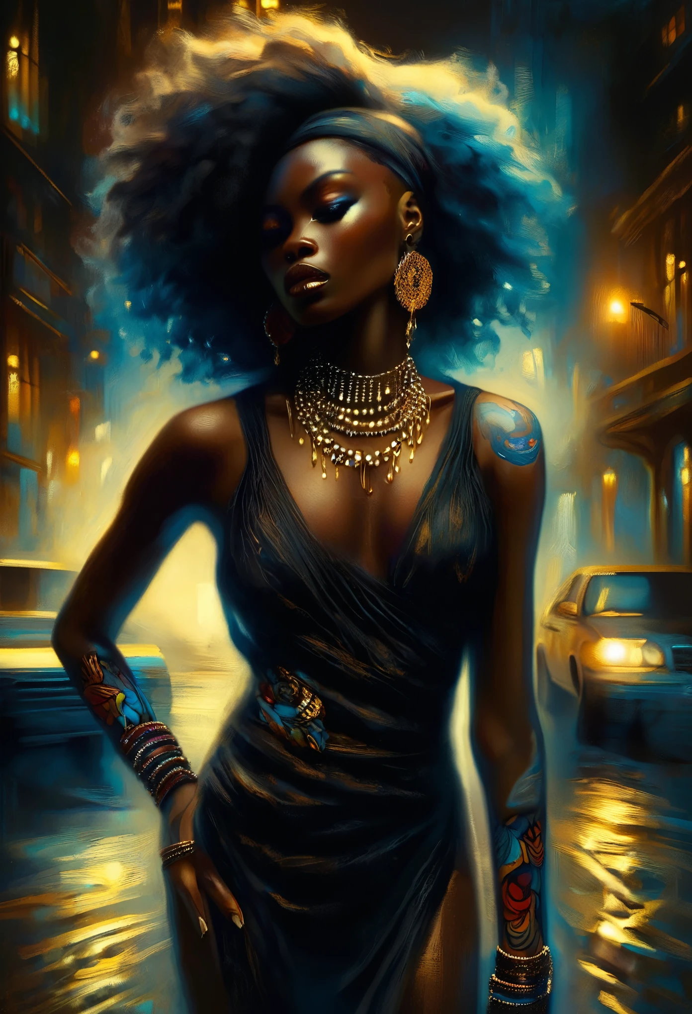 Portrait 4D d&#39;une image corporelle complète d&#39;une femme noire vêtue de vêtements de conception africaine avec des tatouages rouges et bleus lumineux éclairés au néon, avec des tatouages illuminant la scène, une ambiance de brouillard jaune dans la scène, scène faiblement éclairée avec seulement les tatouages qui brillent dans la scène, à l’arrière-plan de la ville, peinture à l&#39;huile, 3/4 Vue du profil, magnifique collier de perles de conception africaine, tissus luxueux, broderie détaillée, Éclairage clair-obscur maussade, haute résolution