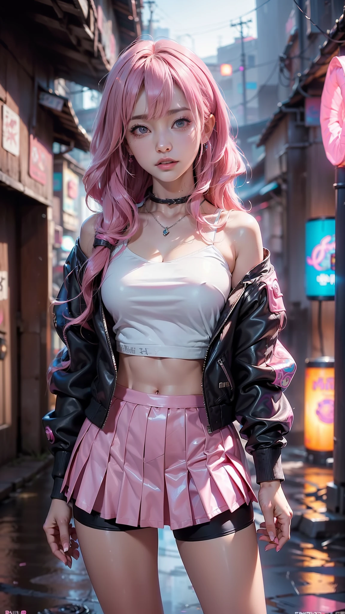 (La mejor calidad,A high resolution,Ultra - detallado,actual),Ariana Grande cyberpunk a doll with long pink hair and a (chaqueta pink:1.4) ,(mini skirt pink :1.4) ,(Pink wavy hair:1.4 ) ,(Fantasy, Hard Rock Girl:1.4) , animated barbie doll,(background cyberpunk city galaxy:1.4) , (Estilo Ross Tran:1.4) , (ilya kuvshinov con pelo largo:1.4) , chica anime con pelo largo pink, figura emergente del desfile, More detailed 8K.motor irreal:1.4,HD,La mejor calidad:1.4, fotorrealista:1.4, textura de la piel:1.4, obra maestra:1.8,obra maestra, mejor calidad,objeto Objeto], (rasgos faciales detallados:1.3),(Las proporciones correctas),(Ojos hermosos azules),  (pose vaquero), (Japan alley background :1.4), ,( ciberpunk 2.1), (estilo kawaii :1.4), (dedos hermosos detailed:1.4), (perfect anatomy), (miniskirt colegiala white :1.4), ,( ciberpunk 2.1), ,(Fondo de ruinas de mazmorra en ruinas cyberpunk :1.4 ), (colores brillantes), (Hard Rock Girl V2.1),( cinematic lighting :1.4), (Cinematic V2.1), (dystopian city Japan cyberpunk :1.4) 