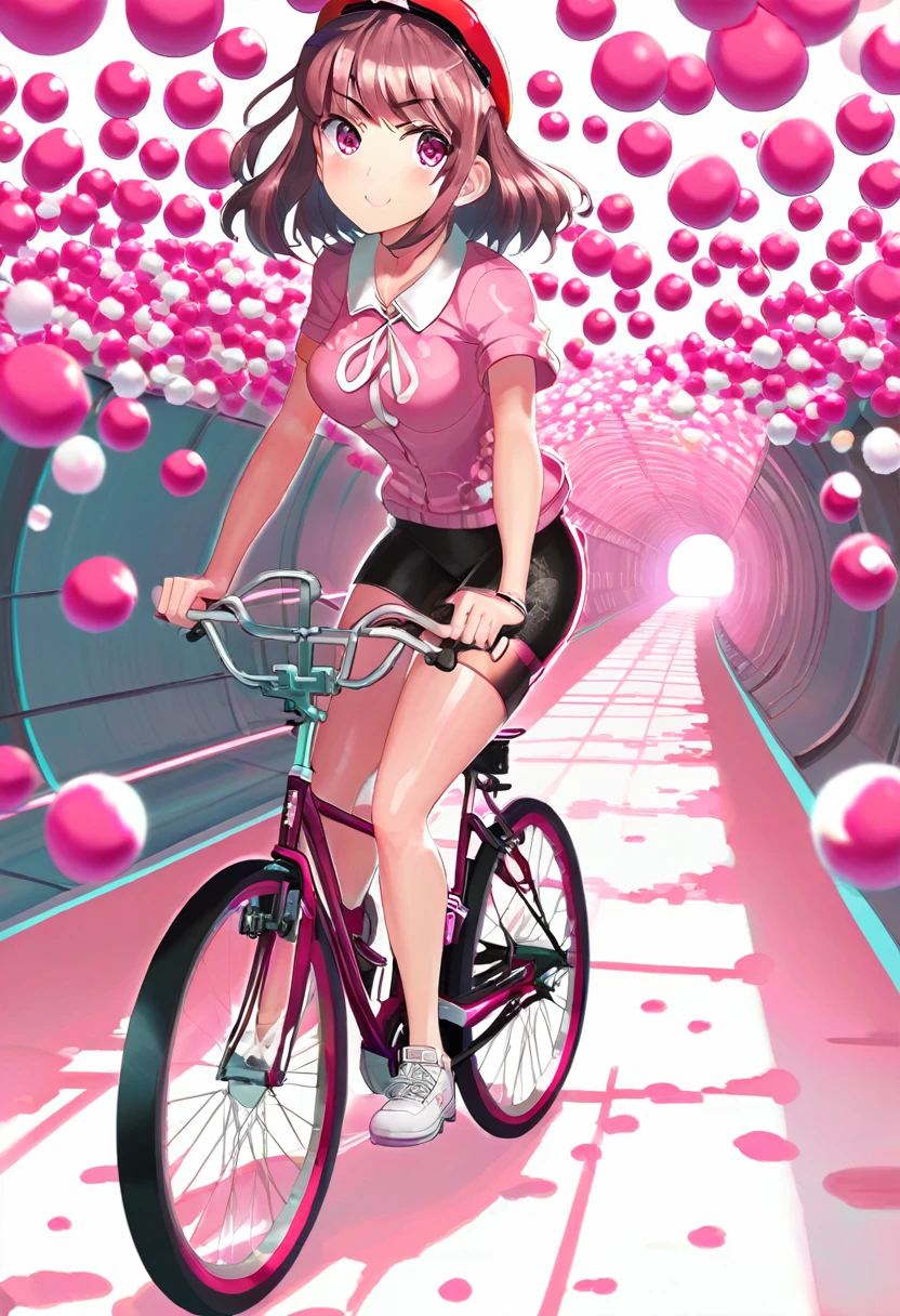 una mujer andando en bicicleta a través de un túnel de bolas rosas, Ganador del concurso pixiv, cabaña!! cuerpo saludable, chiaki nanami de danganronpa, estilo ilya kuvshinov, comisión de cuerpo completo para
