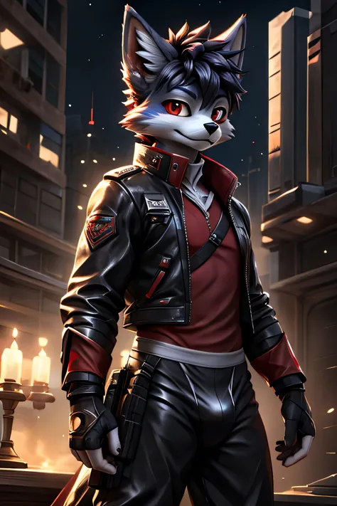 rystal, star fox, male,dark emerald hair， (detailed), fluffy, solo, meticulous and realistic, delicate eyes(( black and red eyes...