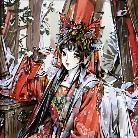 （best quality）,An ancient woman, Chinese Princess，Cool，Eyes innocent like a deer，Snow covered clothes，Red coat，Gorgeous hair acc...