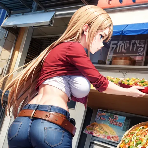 a woman in full-zip shorts eats a tlayuda at a taco stand　jeans have a belt　　　with side slits　big ass　　upper body naked