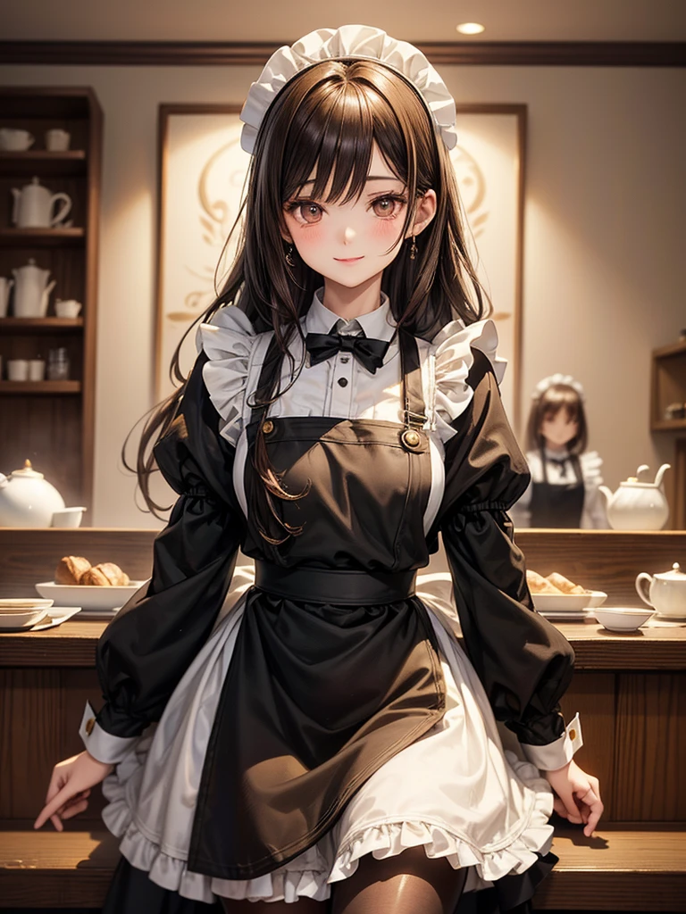 (​masterpiece),(top-quality:1.2),((perfect anatomy)),((perfect fingers)),1 girl standing in café,long maid clothes,brown hair,beautiful detailed gold eyes,Girl in the form of a maid, Girl in a café, Girl in tights,Sweet girl, attractive anime girl, beautiful anime girl,looking at viewer,pale skin,hyper realistic, Ultra Detailed,CG 4K,sharp-focus, the art of dramatic and photorealistic painting, beautiful smile,film lighting,depth of written boundary,create an ethereal atmosphere like a dream