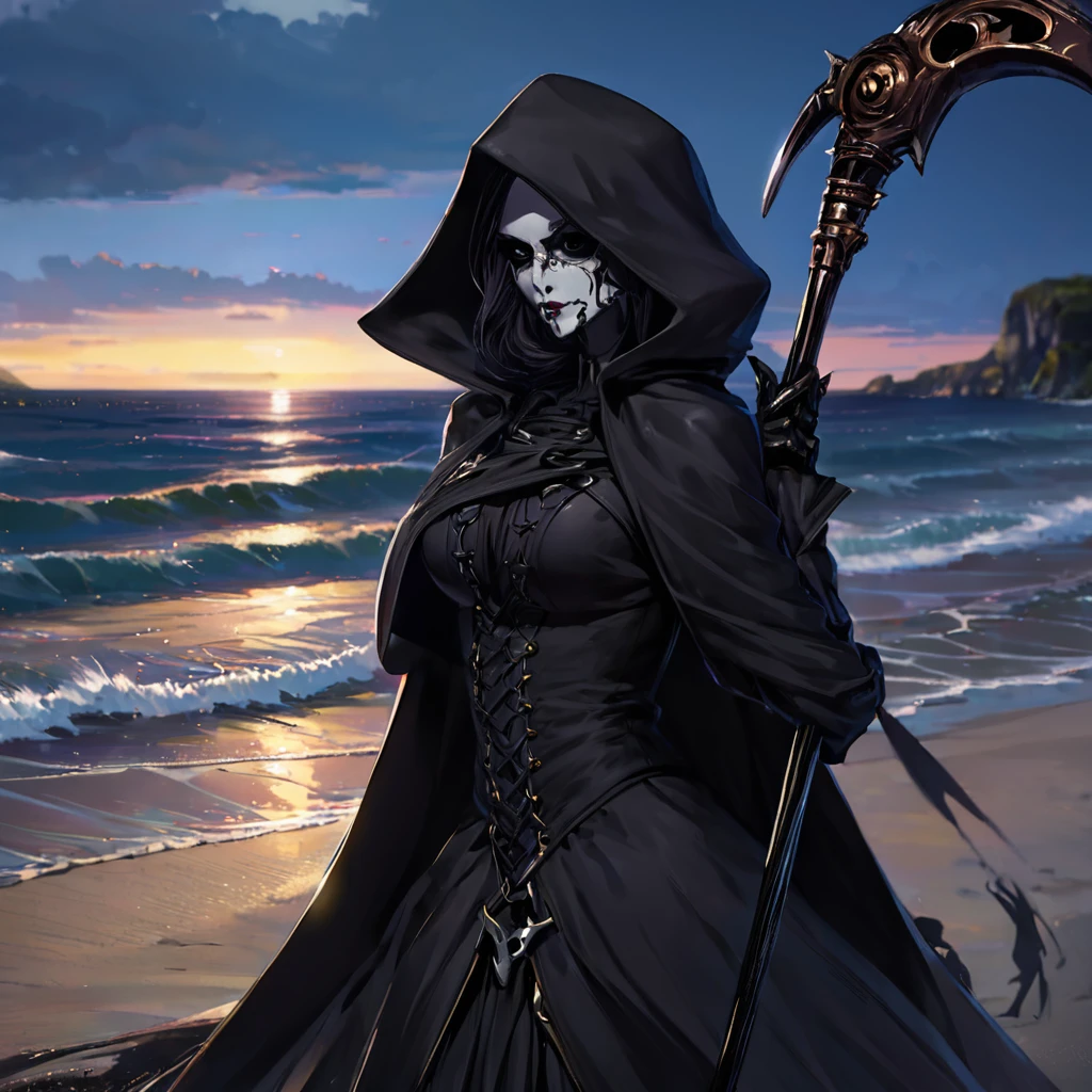 (best quality,4k,highres,masterpiece:1.2),ultra-detailed,(realistic:1.37),a black Grim Reaper,(beautiful:1.1 detailed:1.1) eyes,(sharp focus),(vivid colors),a grim reaper wearing a flowing black cloak,(beautiful detailed lips,sharp,refined),casually wielding her scythe,(sexy poses),on the beach,with crashing waves in the background,(dramatic lighting),her gloved hand elegantly raised in the air,creating a striking silhouette against the setting sun.