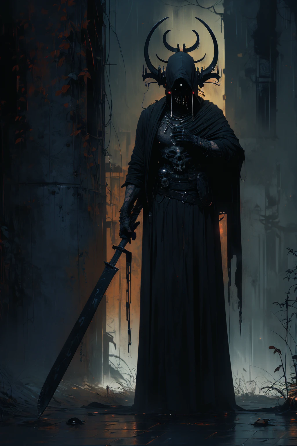 (best quality,ultra-detailed),(dark,spooky) portrait of (the Black Reaper, the grim reaper) in a (sinister, eerie) setting, with (ominous, dim) lighting. The Black Reaper is depicted with (piercing, glowing) eyes and (sharp, menacing) scythe. The atmosphere is filled with (mysterious, haunting) elements and (subtle, eerie) details. The artwork is inspired by (gothic, macabre) themes and exhibits (dramatic, contrasting) colors and (deep, shadowy) tones.