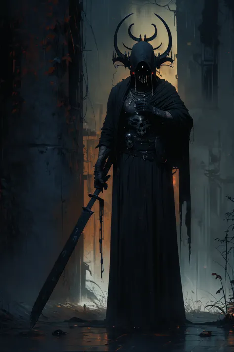 (best quality,ultra-detailed),(dark,spooky) portrait of (the Black Reaper, the grim reaper) in a (sinister, eerie) setting, with...