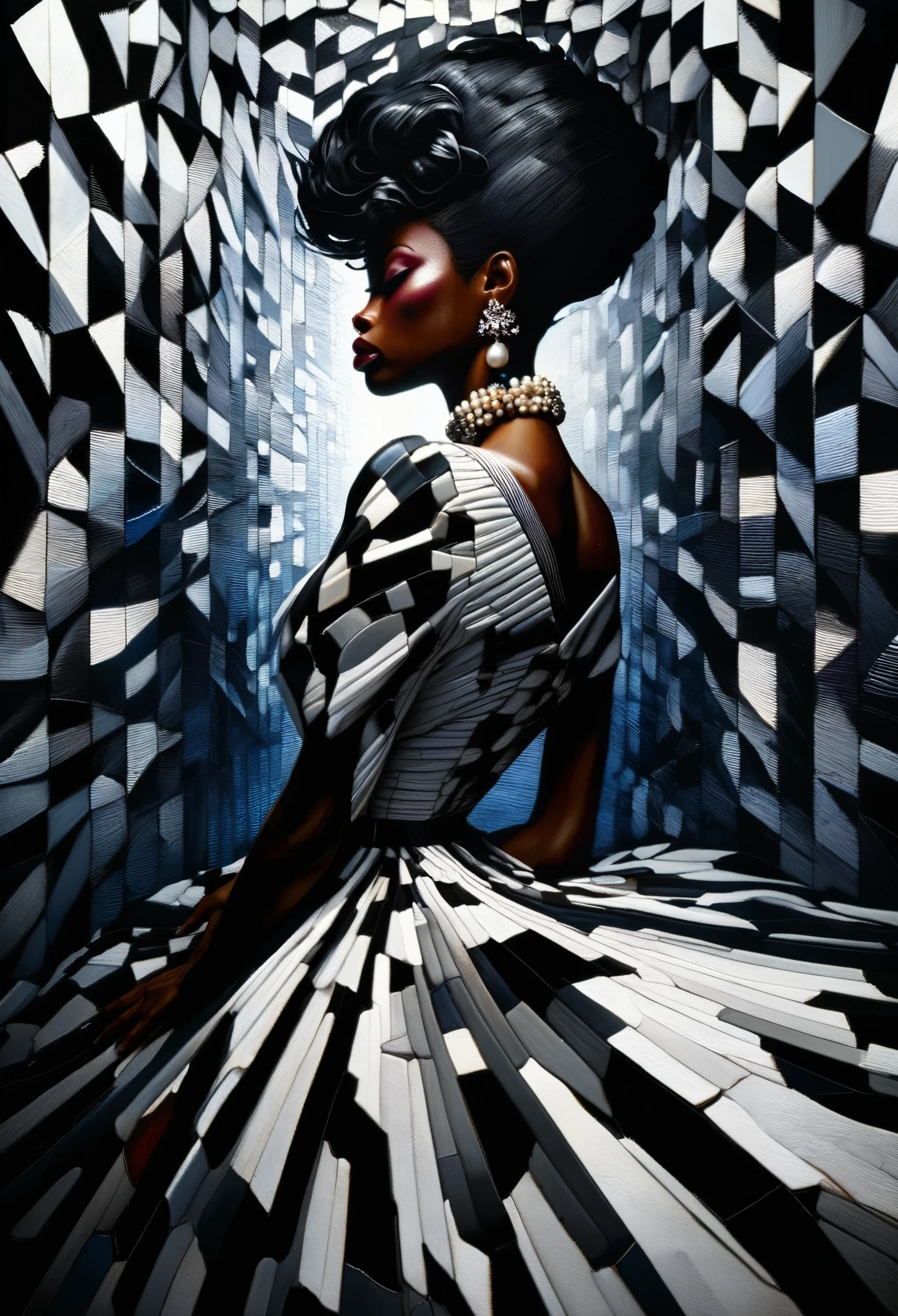 4D portrait of a wide angle shot of black woman wearing a crested crane designed dress, she's standing in an empty place with the floor and background designed by red, blue and white cubism art squares, a beautiful vibrant light shining providing an artistic and creative imagery, Oil Painting, 3/4 Profile view, gorgeous African designed pearl necklace, Luxurious fabrics, detailed embroidery, Moody chiaroscuro lighting, hight resolution