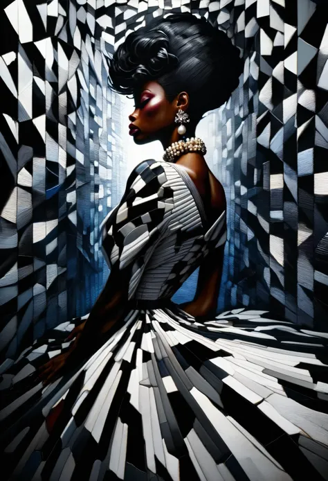 4D portrait of a wide angle shot of black woman wearing a crested crane designed dress, she's standing in an empty place with th...