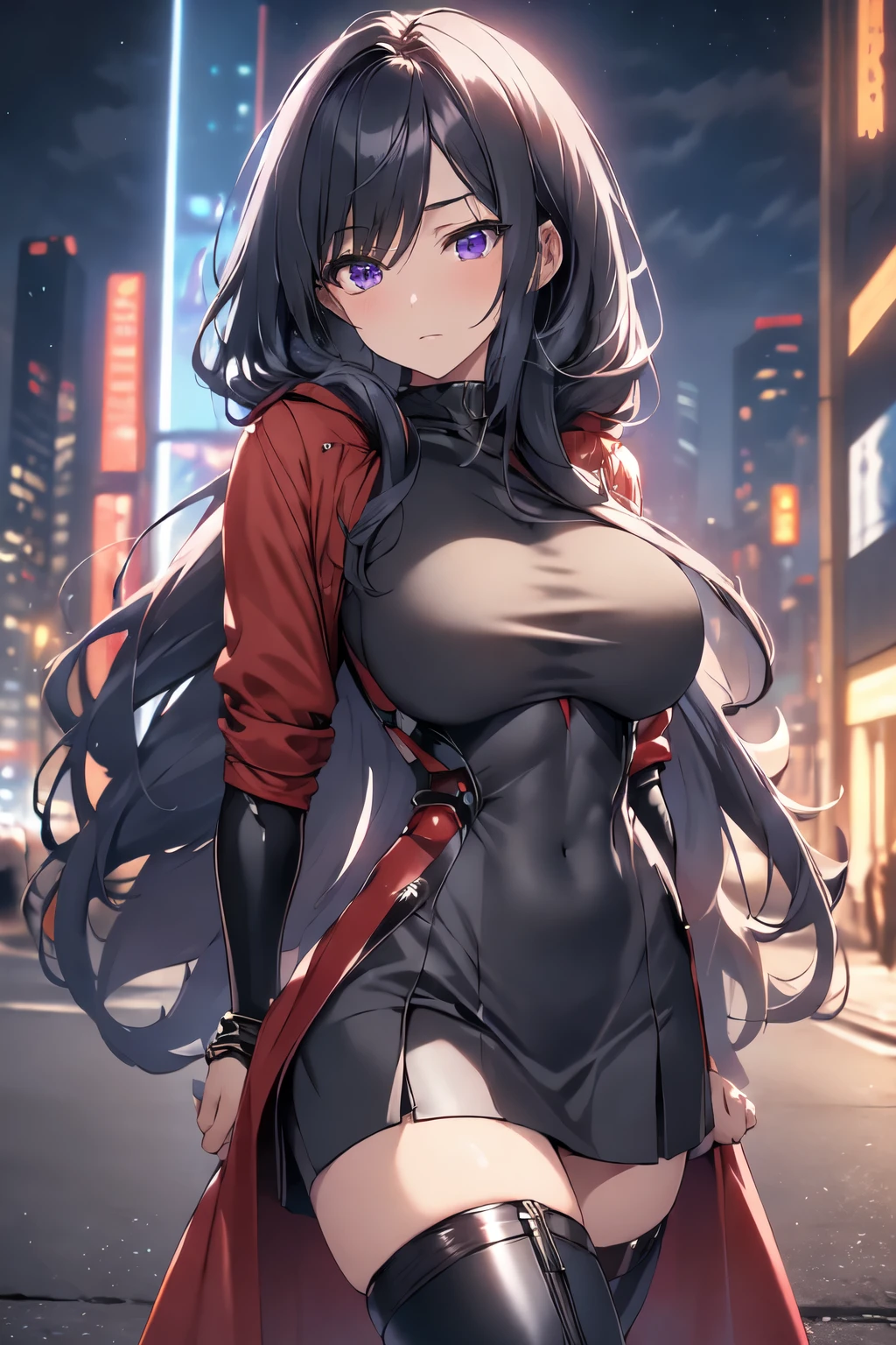 beautiful, Alone, 1 woman, Long hair, black hair, blue highlights at the ends of the hair, purple eyes, black leather bodysuit, pleassed skirt, red cloak, futuristic, cyberpunk, cinematic angle, Cinematic lighting, Work of art, best quality, nsfw, crotch rubbing