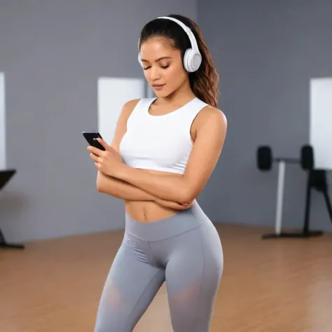 (Latin woman, wearing headphones, focused in a dance studio, looking down at her phone, white sleeveless half shirt, gray leggings),illustration,detailed background,professional lighting,stunning colors,ultra-detailed,photorealistic,bokeh,  toned arms and ...