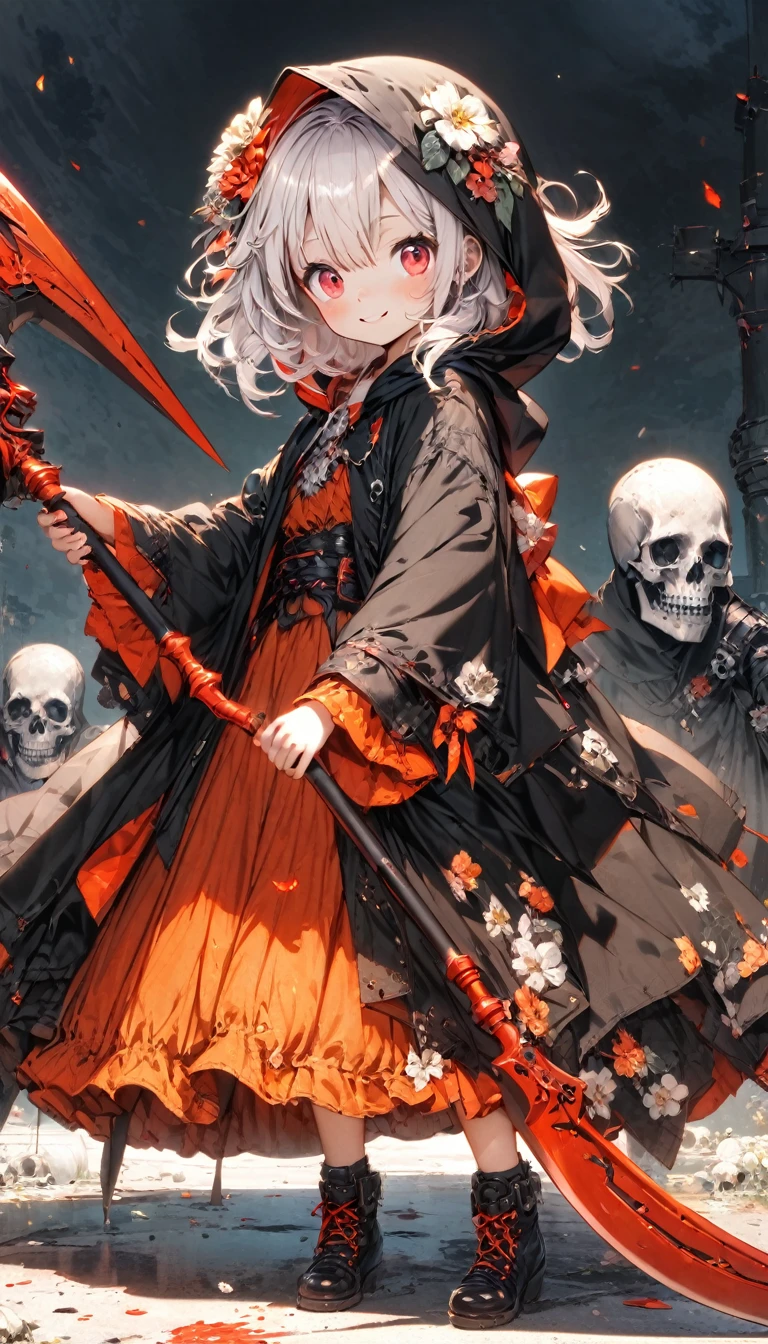 solo,1female\(cute,kawaii,age of 10,hair color white,braid hair,messy hair,eye color dark,big eyes,white skin,big smile,enjoy,full body,wearing Grim Reaper's black Robe,holding scythe and skull,skip,flower hair ornament,white hair\),background\(black sky,withered flowers all over the ground,a thick red water\), BREAK ,quality\(8k,wallpaper of extremely detailed CG unit, ​masterpiece,high resolution,top-quality,top-quality real texture skin,hyper realisitic,increase the resolution,RAW photos,best qualtiy,highly detailed,the wallpaper\)