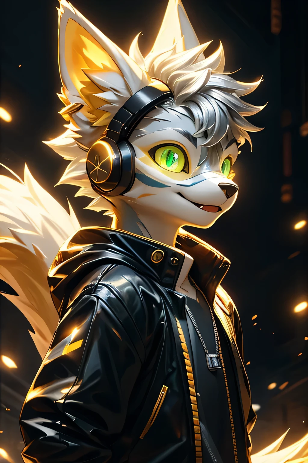 Young werewolf，Gold fur，Wearing a black jacket with neon details，Wearing an electronic mask，Wearing gamer headphones，avatar，Close-up of face，high quality，Digital art，，High-definition 4K realism，((Clear structural details)))Showing meticulous，Delicate eyes，(blue-green pupils)((Silvery-white glowing eyes))slim，soft，4K，Excellent quality，High Detail，Delicate fur，((Yellow Tail in the right place))Light blue shirt。Pale yellow ears，Yellow Hair，whole body，Standing，small short mouth，personification，Domineering
