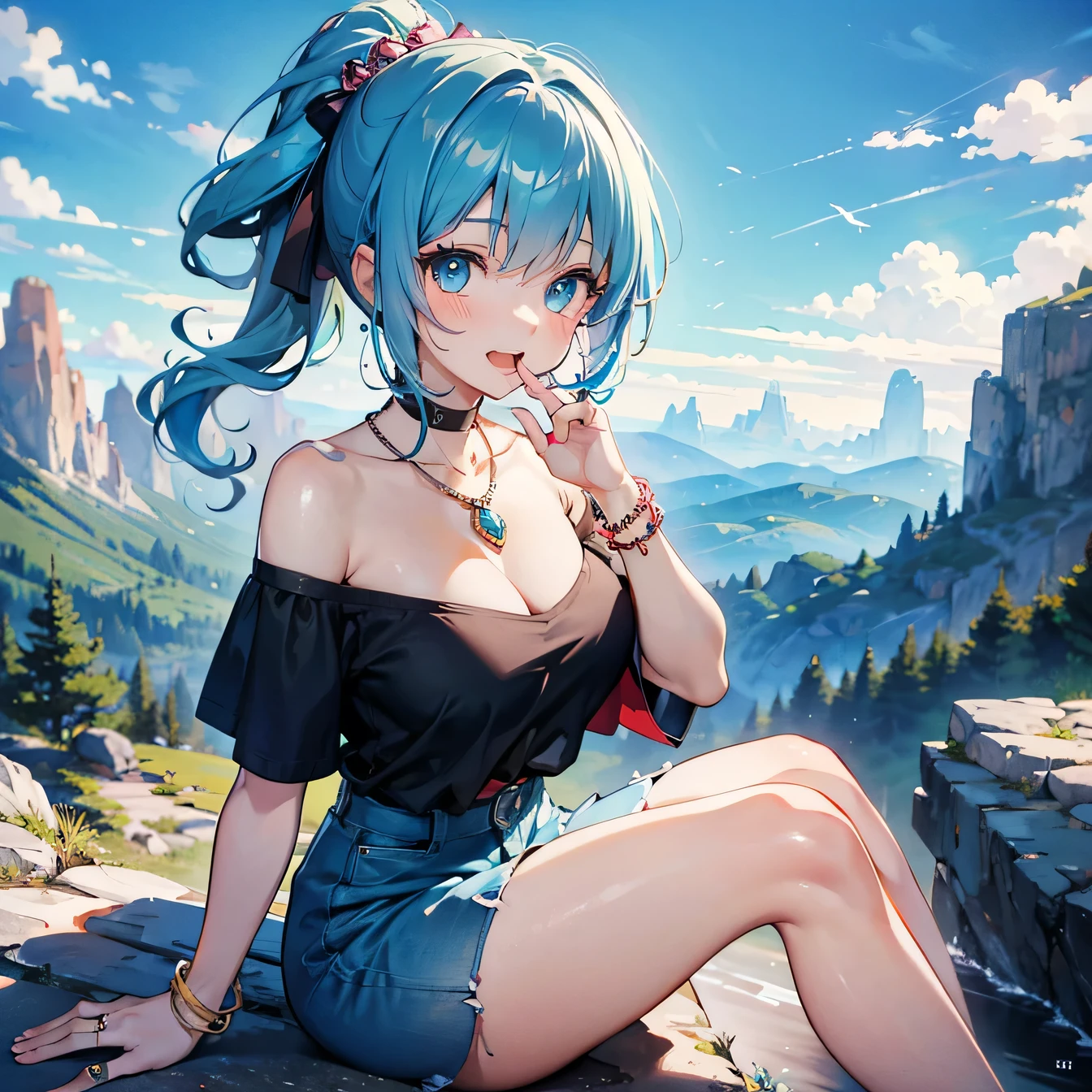 Estilo de arte anime Moe,de la máxima calidad,Alta resolución,anatómicamente correcto,Una chica,mediados de la adolescencia,Una chica con cabello azul claro recogido en una cola de caballo.,Súper detallado,Mundo de fantasía,Tops con hombros descubiertos,Mini falda,pechos grandes,Una rica expresión,Reír con la boca abierta,Regiones montañosas,Sentado apoyado contra una gran roca,Ojos dibujados en detalle,adornos para el cabello,collar,pulsera,ANILLO,8K