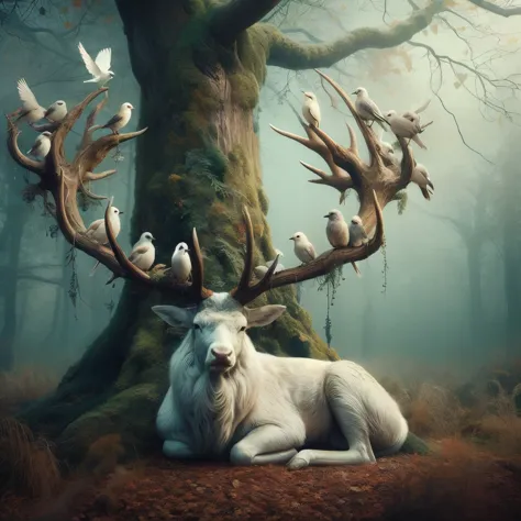 Old white stag with birds sitting in it's antlers, divine, forest, fantasy