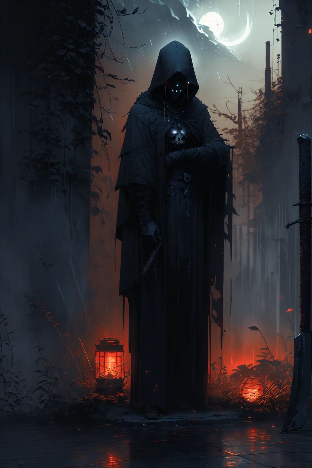 (best quality,highres),detailed reaper with scythe,ominous atmosphere,dark fantasy,gothic style,heavy shadows,misty fog,moonlit night,rustling leaves,sinister presence,mysterious figure,sharp sickle,hooded cloak,ethereal glow,ominous sky,chilling wind,ominous aura,gloomy setting,whispering echoes,haunting landscape,spectral beauty,color contrast,dramatic composition,spooky vibes,dark imagery.