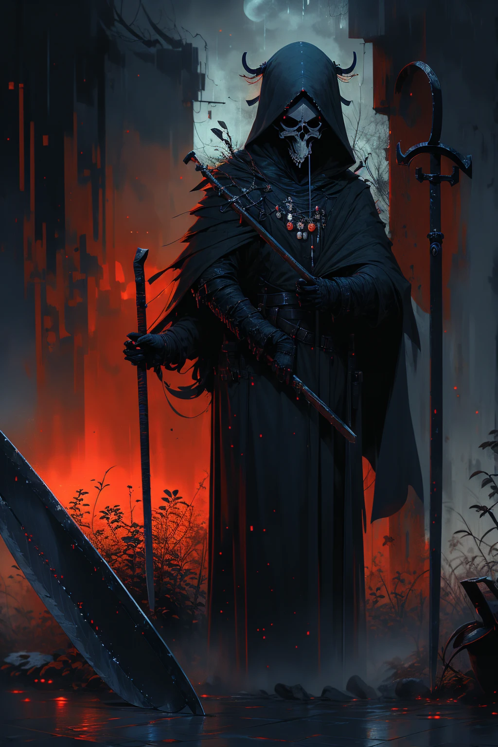 (grim reaper with scythe:1.5), (best quality,highres),detailed reaper with scythe,ominous atmosphere,dark fantasy,gothic style,heavy shadows,misty fog,moonlit night,rustling leaves,sinister presence,mysterious figure,sharp sickle,hooded cloak,ethereal glow,ominous sky,chilling wind,ominous aura,gloomy setting,whispering echoes,haunting landscape,spectral beauty,color contrast,dramatic composition,spooky vibes,dark imagery.