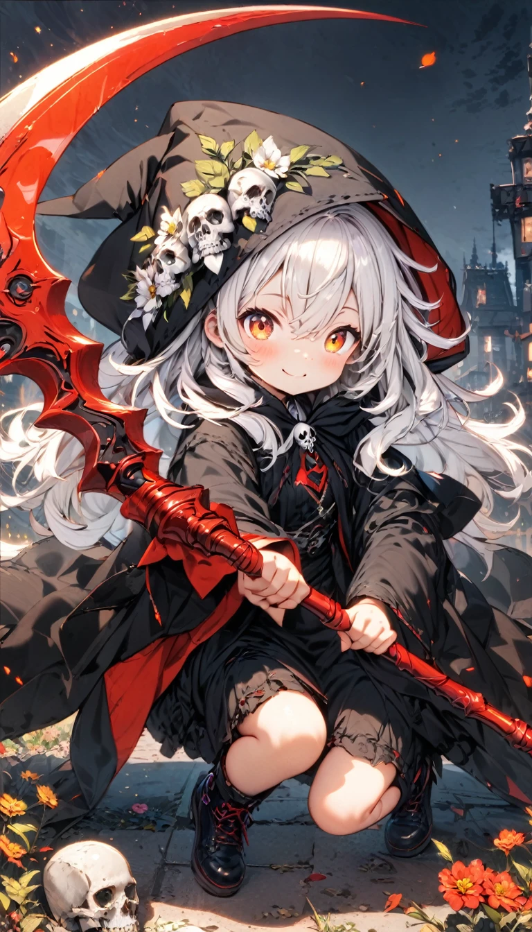 solo,1female\(cute,kawaii,age of 10,hair color white,braid hair,messy hair,eye color dark,big eyes,white skin,big smile,enjoy,full body,wearing Grim Reaper's black Robe,holding scythe and skull,skip,flower hair ornament,white hair\),background\(black sky,withered flowers all over the ground,a thick red water\), BREAK ,quality\(8k,wallpaper of extremely detailed CG unit, ​masterpiece,high resolution,top-quality,top-quality real texture skin,hyper realisitic,increase the resolution,RAW photos,best qualtiy,highly detailed,the wallpaper\)