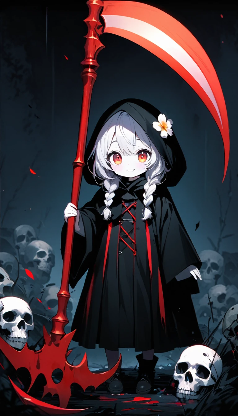 solo,1female\(cute,kawaii,age of 10,hair color white,braid hair,messy hair,eye color dark,big eyes,white skin,big smile,enjoy,full body,wearing Grim Reaper's black Robe,holding scythe and skull,skip,flower hair ornament,white hair\),background\(black sky,withered flowers all over the ground,a thick red water\), BREAK ,quality\(8k,wallpaper of extremely detailed CG unit, ​masterpiece,high resolution,top-quality,top-quality real texture skin,hyper realisitic,increase the resolution,RAW photos,best qualtiy,highly detailed,the wallpaper\)