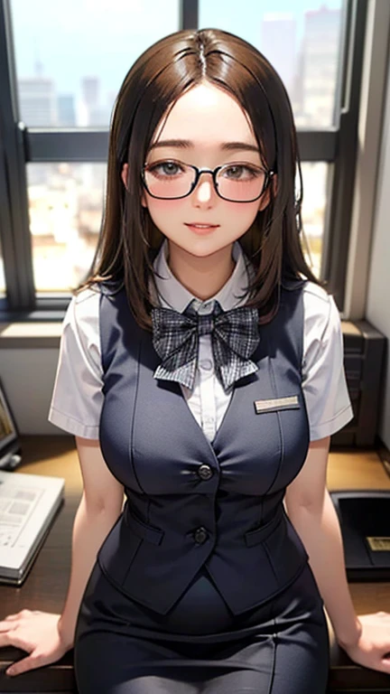 1 Woman Standing, office worker, reception, (White and grey checked vest:1.2) (Navy pencil skirt) bow tie, Glasseature Woman, /(Mid-length hair、Light brown hair、Blonde hair/) Beautiful forehead, A gentle blushing smile, (Masterpiece of the highest quality:1.2) Delicate illustrations, super detailed, Big Break (Modern office indoors), Cityscape of windows, Detailed Background