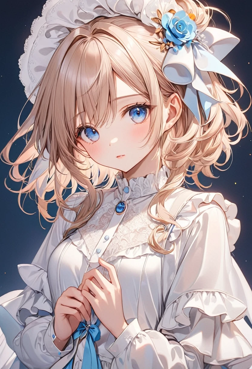 (​masterpiece),(top-quality:1.2),((perfect anatomy)),((perfect fingers)),1 girl, messy Hair, white clothes,beautiful detailed blue eyes,(coquettish:1.2),elegant colors,soft tones, beautiful anime girl,cute anime girl,smooth anime art