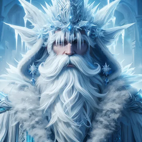 Ice wizard, beard made of ice, fantasy, extravagant robes, digital art